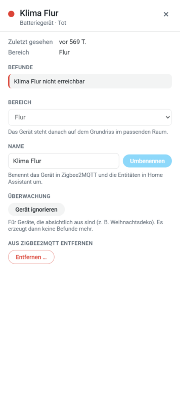 Zigbee Health Geräte-Panel mit Details, Befunden und Aktionen