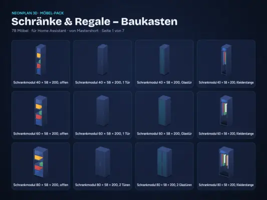 NeonPlan 3D Möbel-Pack Schränke & Regale – Baukasten – Übersicht Seite 1