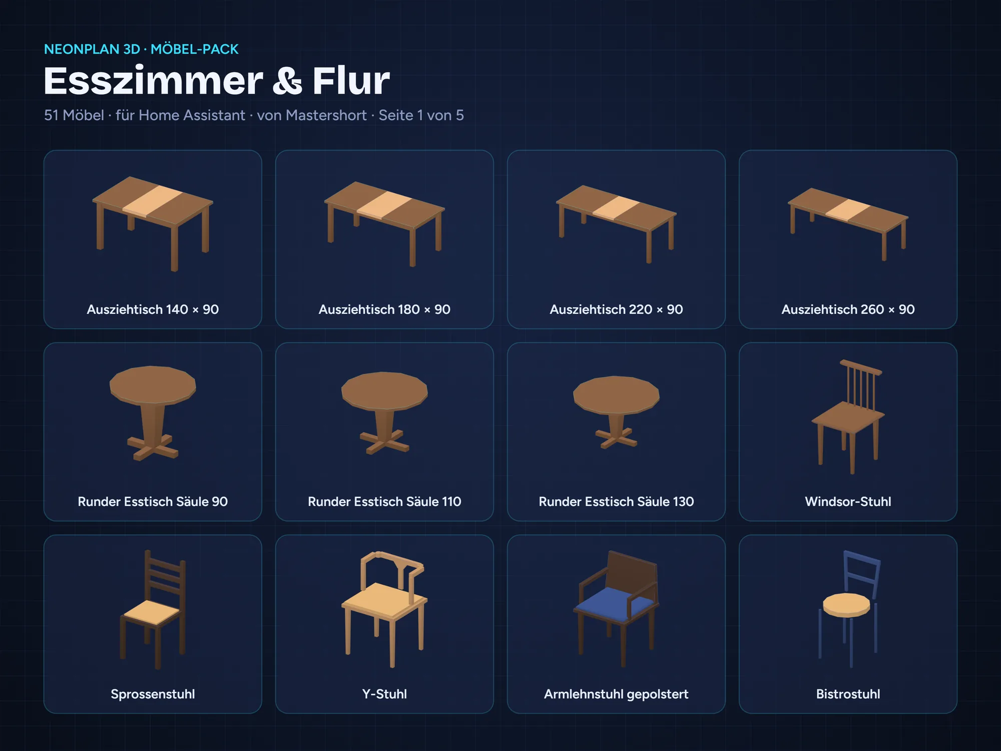 NeonPlan 3D Möbel-Pack Esszimmer & Flur – Übersicht Seite 1