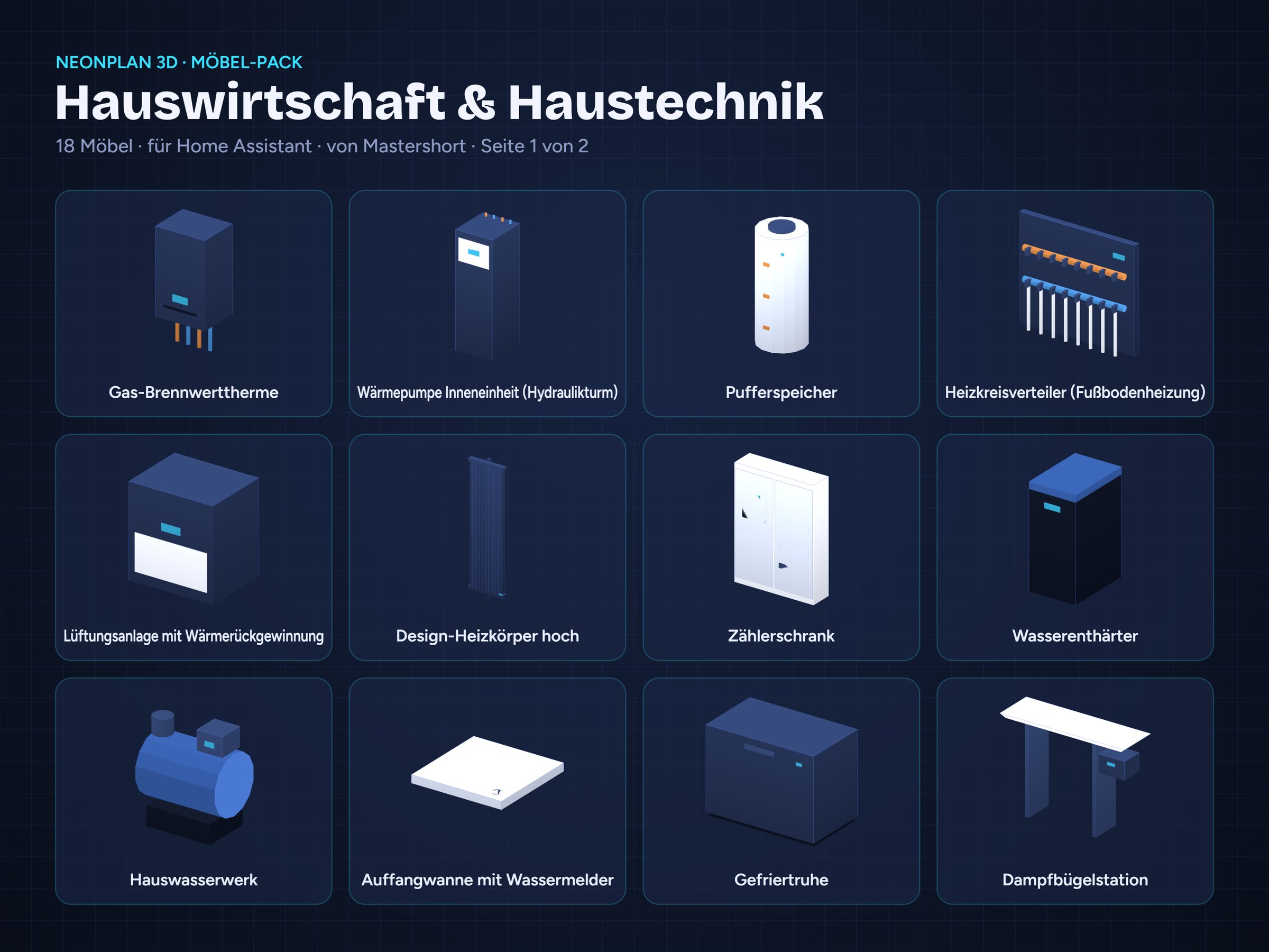 NeonPlan 3D Utility & Building Services pack overview / Möbel-Pack Hauswirtschaft & Haustechnik Übersicht